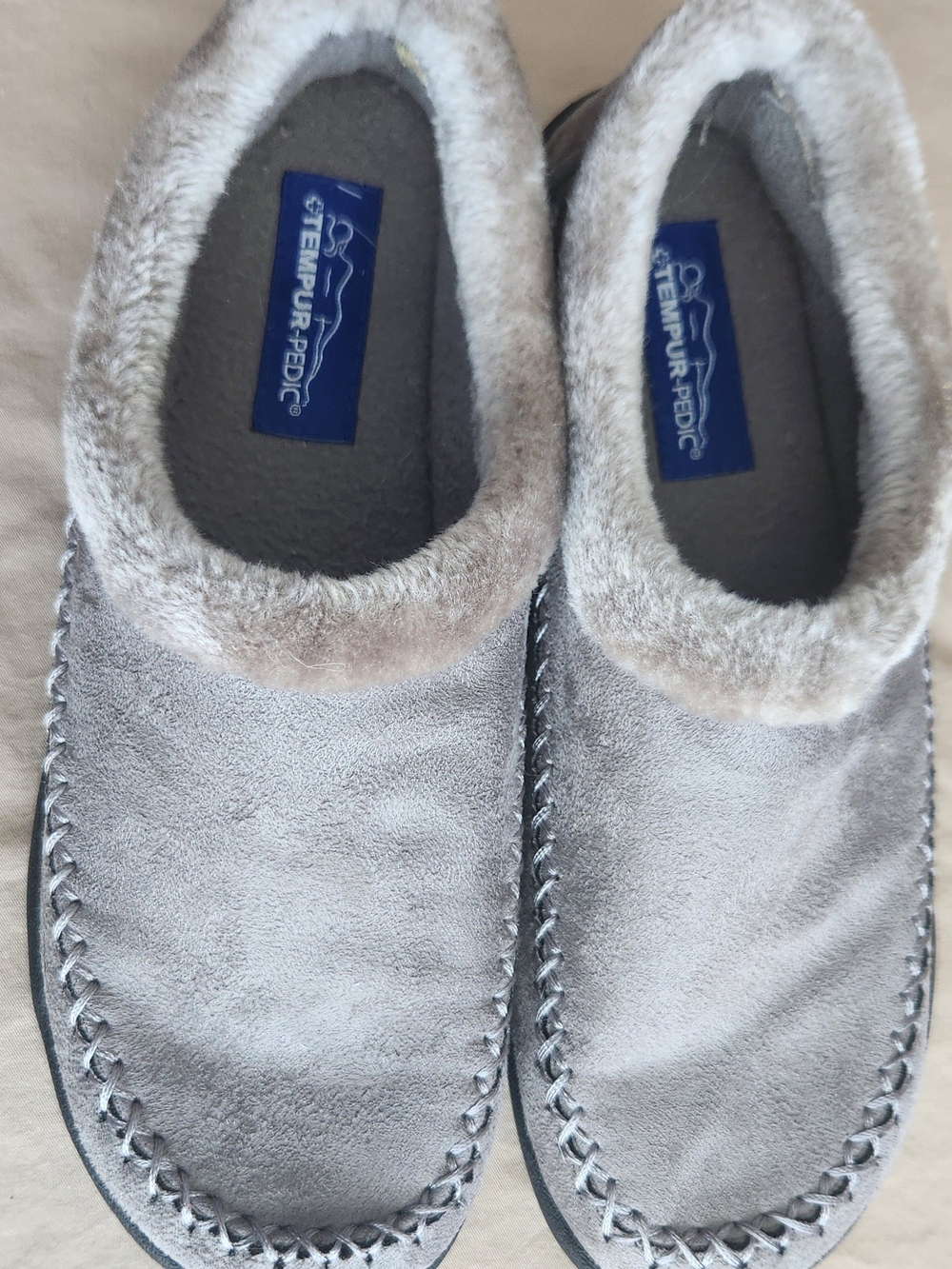 Womens Temper-Pedic Grey Faux-Fur Slippers